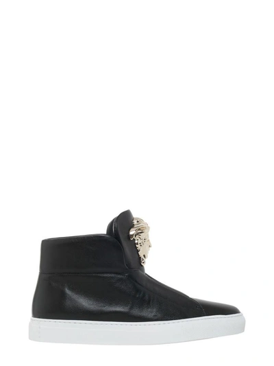 Shop Versace High Top Leather Sneakers In Nero