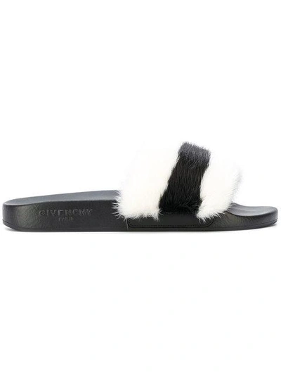 Shop Givenchy Black And White Stripe Fur Slides