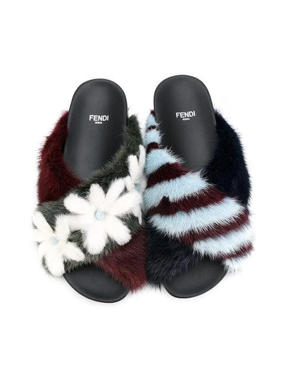 Shop Fendi Floral Embroidered Slider Sandals In Multicolour