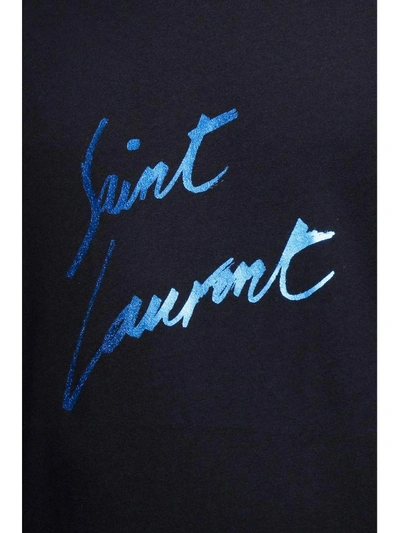 Shop Saint Laurent Printed Crew Neck T-shirt In Noir/bleu Metalise|blu