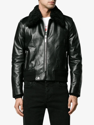 Shop Saint Laurent Shearling Collar Flight Jacket In Black