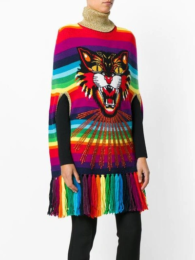 Shop Gucci Angry Cat Intarsia Striped Cape In Multicolour