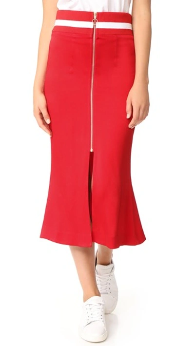 Maggie Marilyn Focus On The Good Striped Jersey-trimmed Satin Midi Skirt In Red