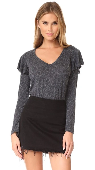 David Lerner V Neck Top With Ruffle Detail In Charcoal