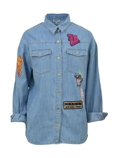 Shop Kenzo Denim Shirt With Patches In Light Blue