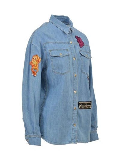 Shop Kenzo Denim Shirt With Patches In Light Blue