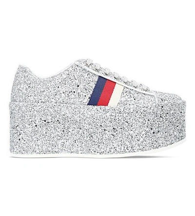 Shop Gucci Peggy Glitter Platform Trainers In Silver