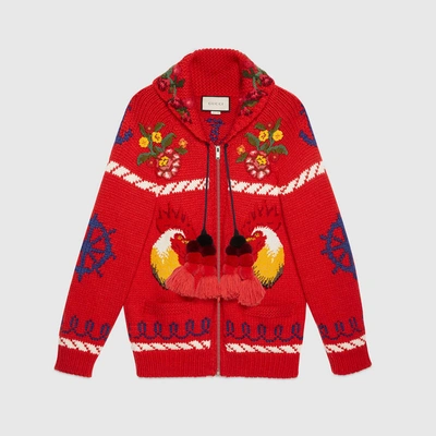 Shop Gucci Wool Bomber Jacket With Appliqués In Red