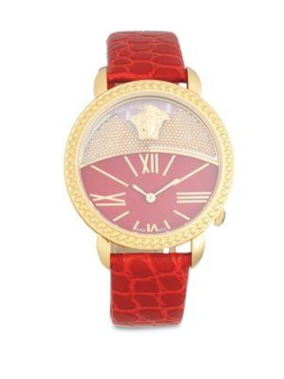 Shop Versace Polished Leather-strap Watch In Gold