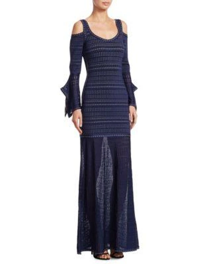 Herve Leger Natasha Cold-shoulder Pointelle-paneled Jacquard-knit Gown In Classic Blue Combo