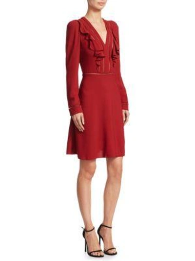 Roberto Cavalli Long-sleeve V-neck Ruffle Dress, Crimson In Burgundy