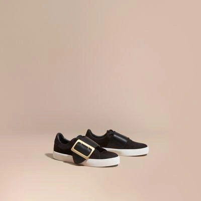 Shop Burberry Oversize Buckle Detail Suede And Leather Trainers In Black/navy