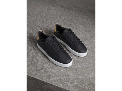 Shop Burberry Oversize Buckle Detail Suede And Leather Trainers In Black/navy