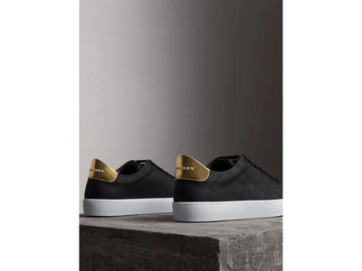 Shop Burberry Oversize Buckle Detail Suede And Leather Trainers In Black/navy