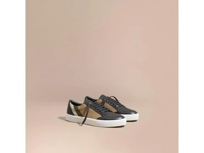 Shop Burberry Oversize Buckle Detail Suede And Leather Trainers In Black/navy