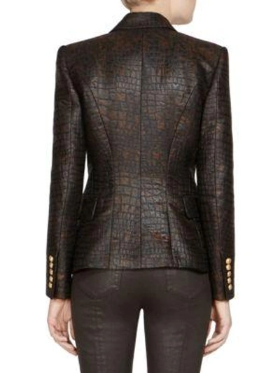 Shop Balmain Leather Embossed Jacket In Brown