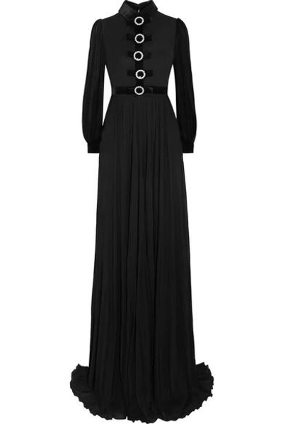 Shop Gucci Embellished Velvet-trimmed Jersey Gown In Black