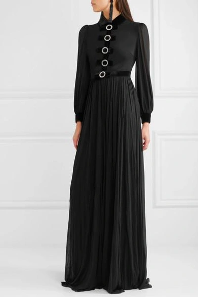 Shop Gucci Embellished Velvet-trimmed Jersey Gown In Black