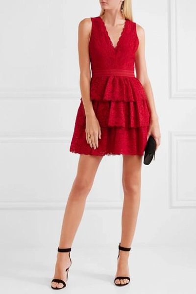 Shop Alice And Olivia Clora Tiered Corded Lace Mini Dress In Red