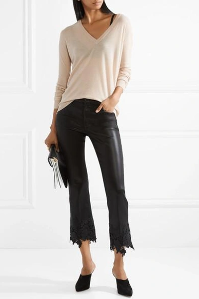 Shop J Brand Selena Lace-trimmed Cropped Coated Mid-rise Flared Jeans In Black