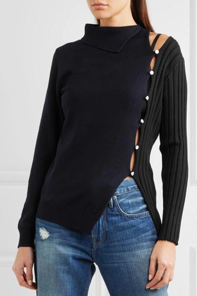 Shop Jacquemus Asymmetric Ribbed Wool Sweater In Navy