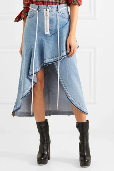 Shop Off-white Asymmetric Wrap-effect Ruffled Denim Skirt