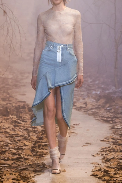 Shop Off-white Asymmetric Wrap-effect Ruffled Denim Skirt