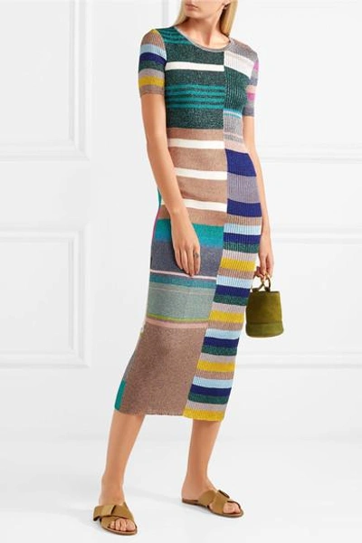 Shop Missoni Striped Metallic Ribbed-knit Midi Dress
