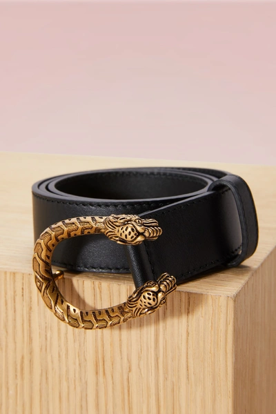 Shop Gucci Leather Belt With Dionysus Buckle In Nero