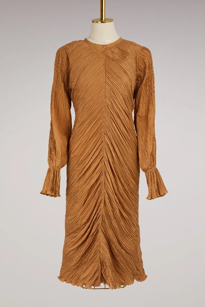 Shop Nina Ricci Pleated Silk Dress In Camel