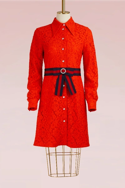 Shop Gucci Cluny Lace Dress With Web Waistband In Matt D.orange/b/r/b