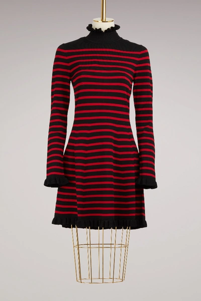 Shop Red Valentino Striped Dress With Ruffles In Nero/lacca