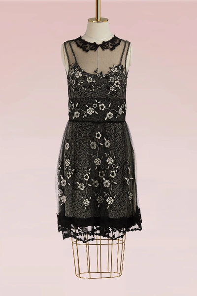 Shop Red Valentino Embroidered Floral Tulle Dress In Nero/avorio