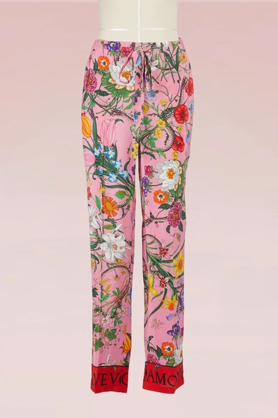 Shop Gucci Flora Snake Silk Pant In Princess Rose Pr/blk