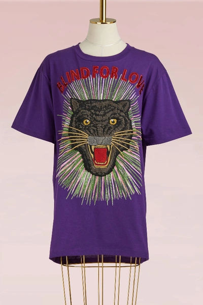 Shop Gucci Panther With Rays Cotton T-shirt In Violet Printed/multi