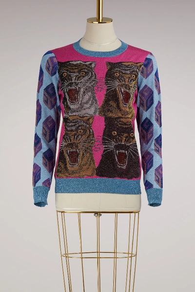 Shop Gucci Pull Intarsia En Viscose Et Lureviscose-lurex Intarsia Sweater In Fucsia/light Blue/mu