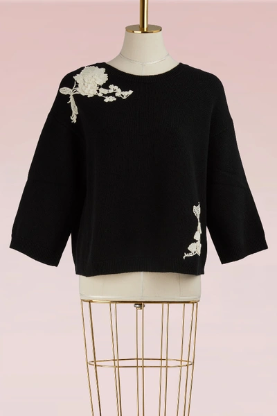 Shop Red Valentino Floral Patch Wool Sweater In Nero