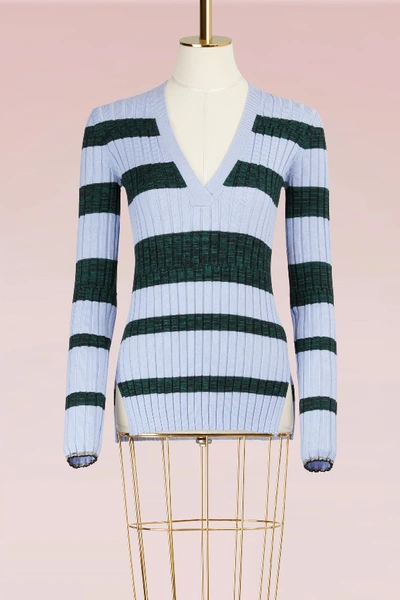 Shop Proenza Schouler Wool Sweater With Fine Rib In 10486 Pale Blue/deep Pine Multi