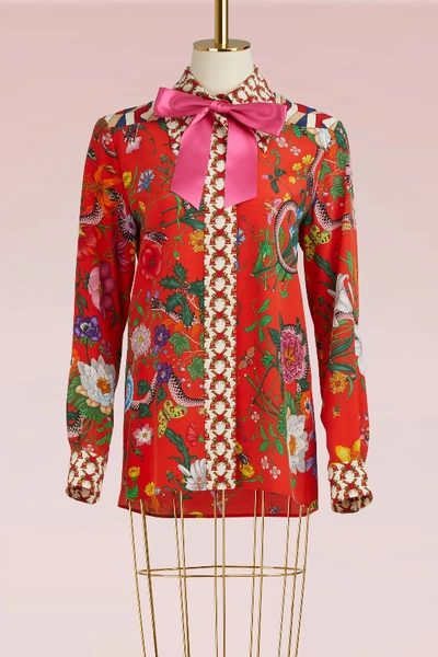 Shop Gucci Flora Snake Print Silk Shirt In Lady Bug Prt/mult