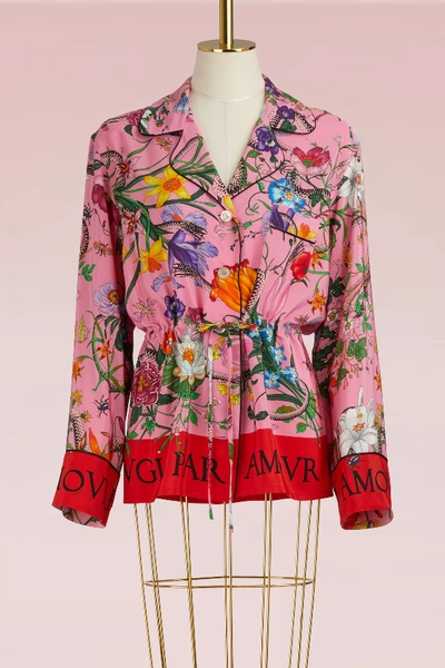 Shop Gucci Flora Snake Silk Shirt In Princess Rose Pr/blk
