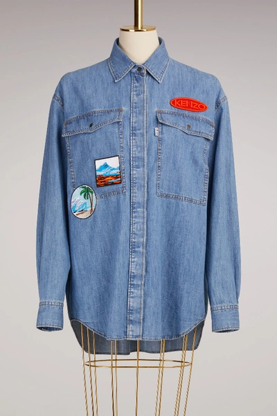 Shop Kenzo Denim Shirt With Patches In Navy Blue