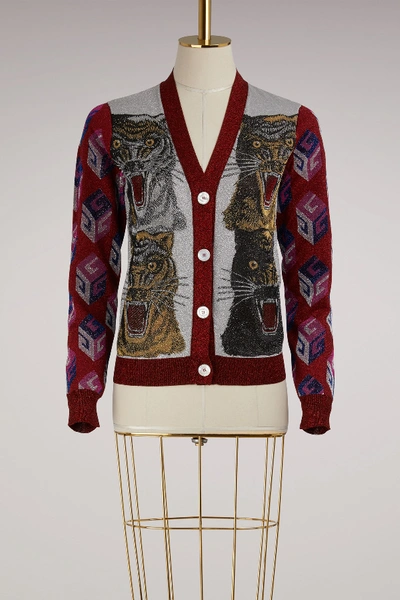 Shop Gucci Tiger Intarsia Viscose Lurex Cardigan In Silver/red/multicolo