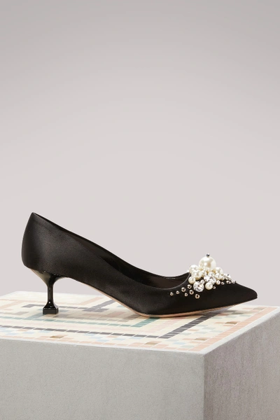 Shop Miu Miu Mid-heel Pumps With Pearl Details In Nero