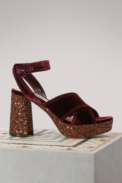 Shop Miu Miu Velvet Glitter High Heels Sandals In Bordeaux