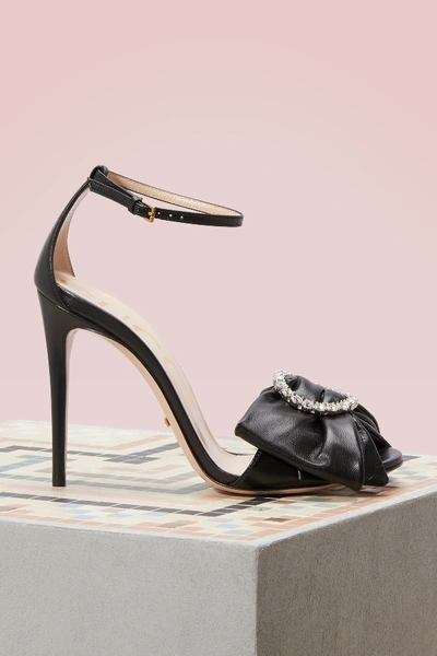 Shop Gucci Leather Sandal With Removable Leather Bow In Nero