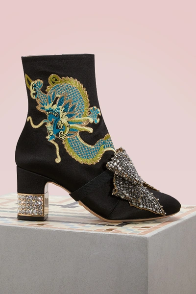 Shop Gucci Dragon Satin Mid-heel Ankle Boots In Nero/nero