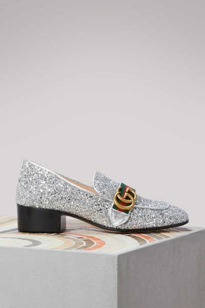 Shop Gucci Mid-heel Loafers In Argento/vrv/argento