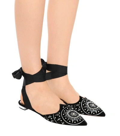 Shop Aquazzura Stellar Embroidered Velvet Mules