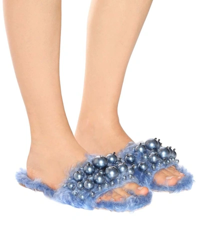 Shop Miu Miu Embellished Faux-fur Slippers In Cielo