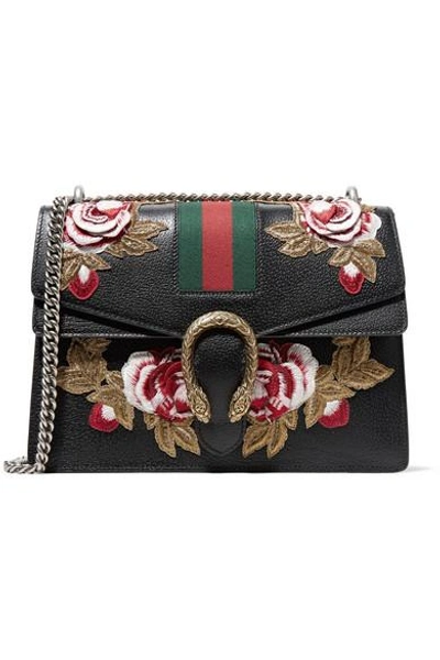 Shop Gucci Dionysus Medium Appliquéd Textured-leather Shoulder Bag In Black